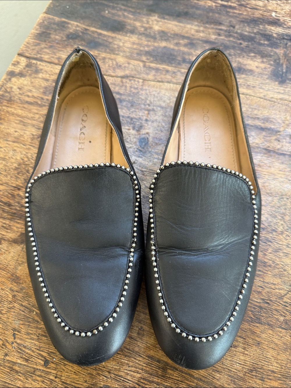 Coach Black Leather Studded Trim Loafers size 9